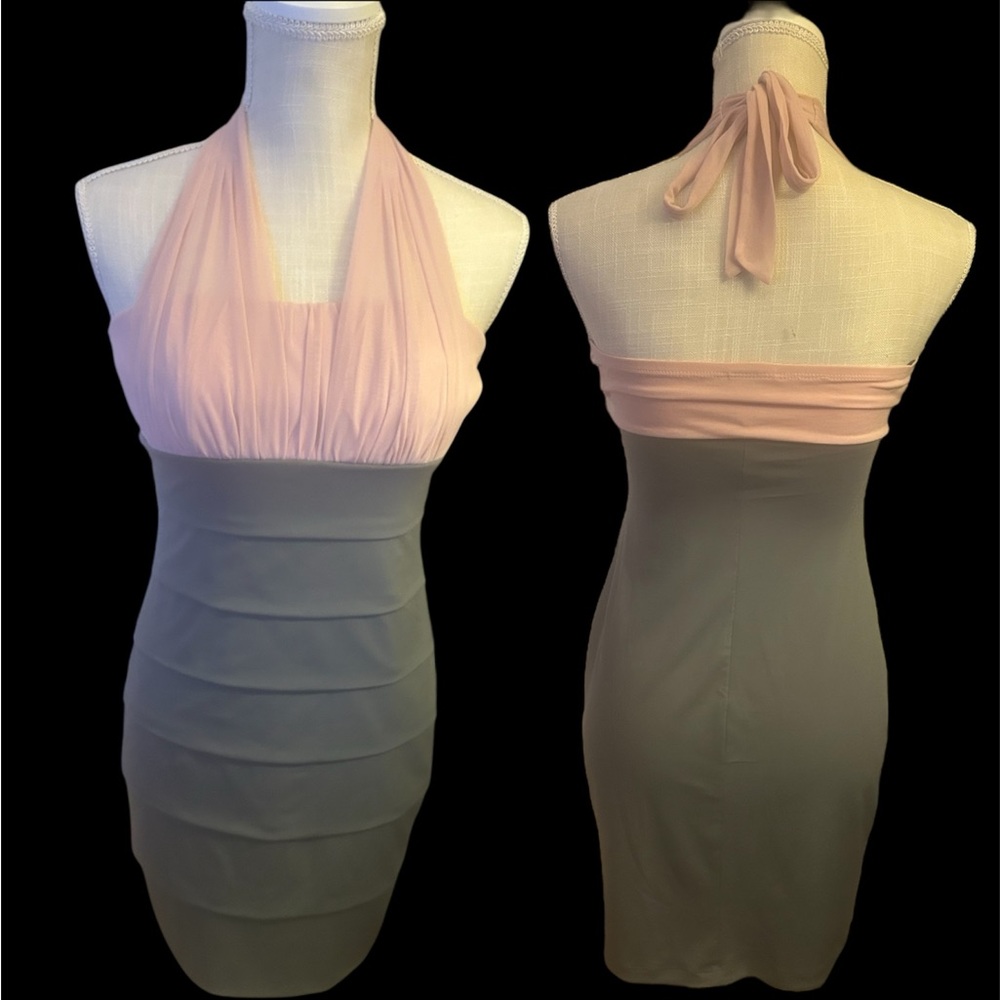 Elegant Halter Neck Dress in Pink and Gray